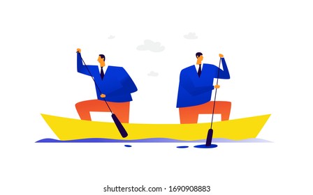 Illustration of two businessmen in a boat. Vector. One team in the face of two leaders is swimming in different directions. Conflict of two interests. Metaphor. Sora of two partners.