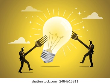An illustration of two businessmen with fork fighting for a big idea light bulb. Business concept