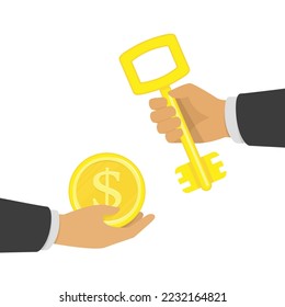 Illustration of two businessmen hands giving each other modern key and cash money while sellingbuying. Hand with money and car  keys or house on a white background. 