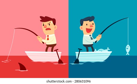 Illustration of two businessmen. One fishing in red ocean and the other in blue ocean 