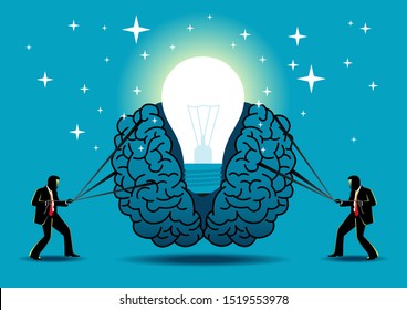 Illustration Of Two Businessmen Pulling A Brain Apart And Reveal Its Ideas