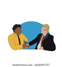 An illustration of two businessmen shaking hands, representing agreement, partnership, or negotiation. Ideal for business or corporate use