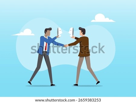 An illustration of two businessmen shaking hands while exchanging masks. Concepts of dishonesty, hidden identities, deception, lack of authenticity, and role-playing in business
