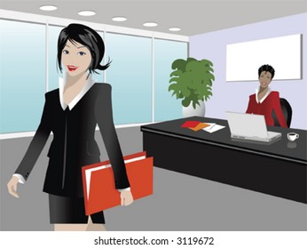 illustration of two businesswoman in a modern office