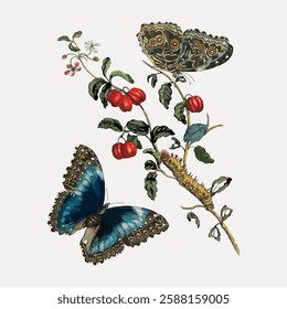 Illustration of two butterflies and a caterpillar on a branch with red berries and green leaves. Detailed butterfly wings and vibrant colors. Vintage animal illustration vector.