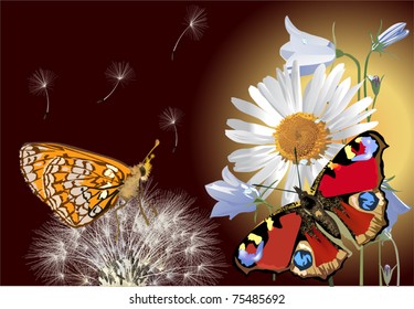 illustration with two butterflies and dandelion on dark background