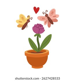 Illustration of two butterflies meeting on a flower in a pot, in love. Spring of flowering plants, love. Color flat illustration. Suitable for spring postcards, prints, blog design, children's books