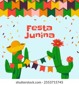 Illustration of two cacti decorated for Festa Junina with colorful flags and confetti.