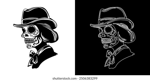 Illustration of two Calavera Catrina skulls in profile with intricate floral designs for Dia de los Muertos event. Black and white hand drawn female skeletons in Mexican attire for Day of the Dead