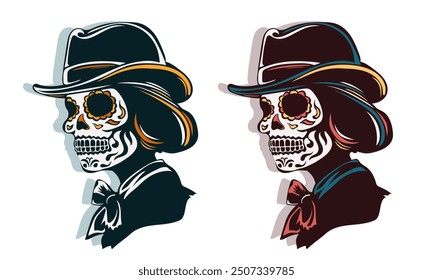 Illustration of two Calavera Catrina skulls in profile with intricate floral designs for Dia de los Muertos event. Stickers with hand drawn female skeletons in Mexican attire for Day of the Dead