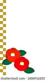 Illustration of two camellia flowers and checkered pattern