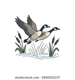 Illustration of two Canada geese in flight above a body of water with cattails.