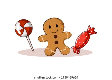 Ilustración de dos caramelos y bizcocho tema navideño
