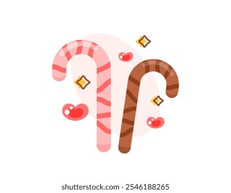 illustration of two cane candy. mint strawberry and chocolate flavored cane candy. national cane candy day. sweet food. flat style design. element