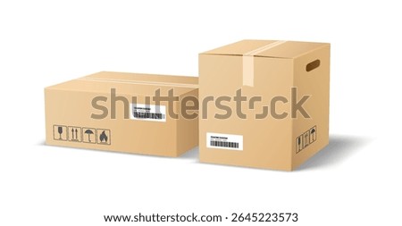 Illustration of two cardboard boxes with labels against white background. Realistic style depicts shipping packaging with barcodes. Ideal for logistics themes.