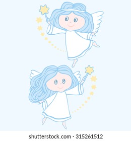 Illustration of two cartoon angels with Magic wands on a light blue background. The angels fly and  flap their wands. Star trail remains in the air.