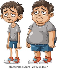 Ilustração de dois meninos de desenho animado em roupas desgastadas, mostrando uma transformação no tamanho do corpo e na expressão