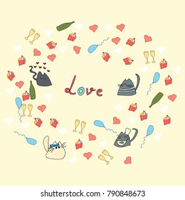 Illustration of two cartoon cats in love with hearts, bottles, cupcakes