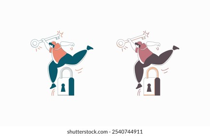 Ilustración de dos personajes de dibujos animados saltando sobre candados con llaves en la mano, que representan la superación de obstáculos y el potencial de desbloqueo.