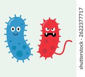 Illustration of two cartoon germ characters: a friendly blue bacterium with rounded spikes and an angry red virus with sharp spikes and a tail. Flat vector design for health concepts.