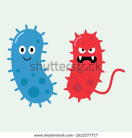 Illustration of two cartoon germ characters: a friendly blue bacterium with rounded spikes and an angry red virus with sharp spikes and a tail. Flat vector design for health concepts.