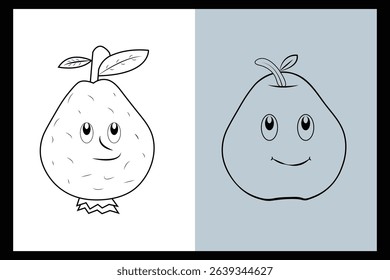Illustration of two cartoon guavas, one black and white and the other in grayscale, both with smiling faces.