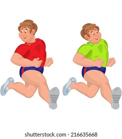 Illustration of two cartoon male characters isolated on white. Happy cartoon man running with smile. 