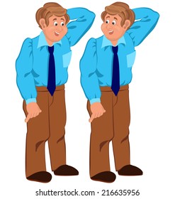 Illustration of two cartoon male characters isolated on white. Happy cartoon man standing in blue shirt and tie. 