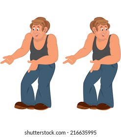 Illustration of two cartoon male characters isolated on white. Happy cartoon man standing in sleeveless top and pointing. 