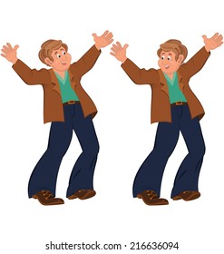 Illustration of two cartoon male characters isolated on white. Happy cartoon man standing in blue pants happily holding hands up. 