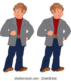 Illustration of two cartoon male characters isolated on white. Happy cartoon man standing in gray jacket and striped sweater. 