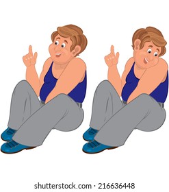 Illustration of two cartoon male characters isolated on white. Happy cartoon man in sitting position in gray pants finger up. 