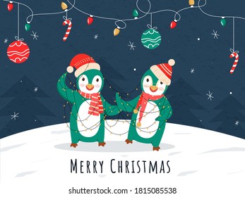 Illustration of Two Cartoon Penguin Wearing Santa Hat with Scarf, Candy Cane, Baubles and Lighting Garland on Blue and White Background for Merry Christmas.