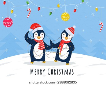 Illustration of Two Cartoon Penguin Wearing Santa Hat with Scarf, Candy Cane, Baubles and Lighting Garland on Blue and White Background for Merry Christmas.