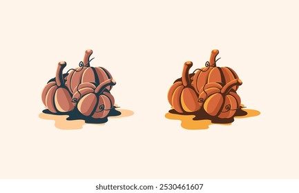 An illustration of two cartoon stacks of pumpkins with stems and vines.