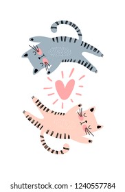 Illustration with two cats and a heart. Valentine day, love concept. Funny romantic background in vector.