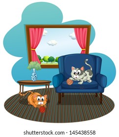 Illustration of the two cats playing with the balls of yarn inside the house on a white background 