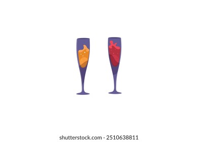 Illustration of two champagne flutes filled with orange and red beverages, isolated on a white background.