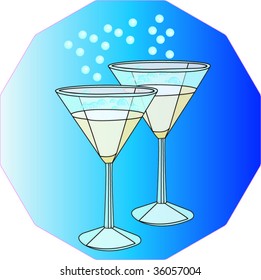 Illustration of two champagne glasses with bubbles on blue background