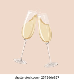 Illustration of two champagne glasses clinking. Champagne bubbles in glasses. Celebration with champagne. Toasting with champagne glasses. Cheers! Aesthetic vector illustration.