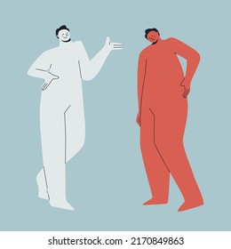 Illustration of two characters. One happy person gives advice to another sad one. Problems and solutions associated with pain in the back or spine, hernia. Vector.