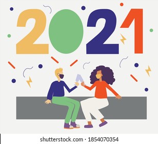 Illustration von zwei Charakteren, die Gesichtsmasken tragen und das neue Jahr 2021 feiern. Der neue Normalwert verhindert eine Infektion mit dem Corona-Virus.