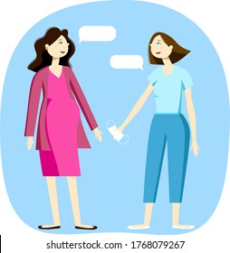 illustration with two characters a woman gives a pregnant woman a medical mask during a pandemic to protect her health