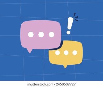 Illustration of two chatbox and discussions with a blue background and an exclamation point