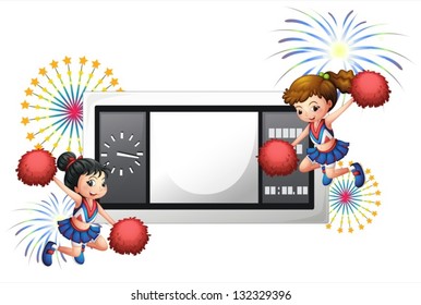 Illustration of the two cheerdancers in front of a time board on a white background