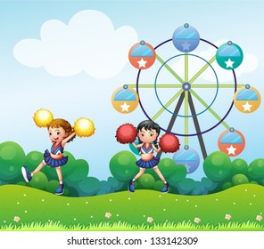 Illustration of the two cheerers dancing in the hill with a ferris wheel at the back