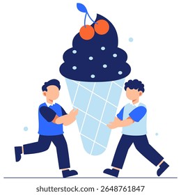 Illustration of two cheerful boys carrying a big ice cream cone together symbolizing fun sweet moments friendship joy and summertime happiness
