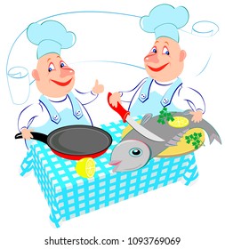 Illustration of two cheerful cooks preparing fish in the kitchen. Advertising for the restaurant. Vector cartoon image.