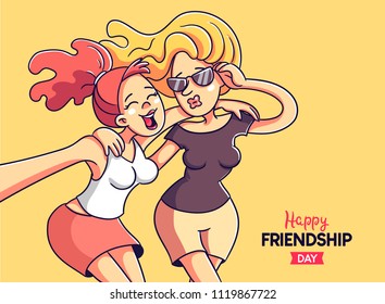 Illustration with two cheerful girlfriends. Do selfie. They celebrate the day of friendship.