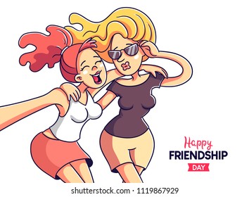 Illustration with two cheerful girlfriends. Do selfie. They celebrate the day of friendship.